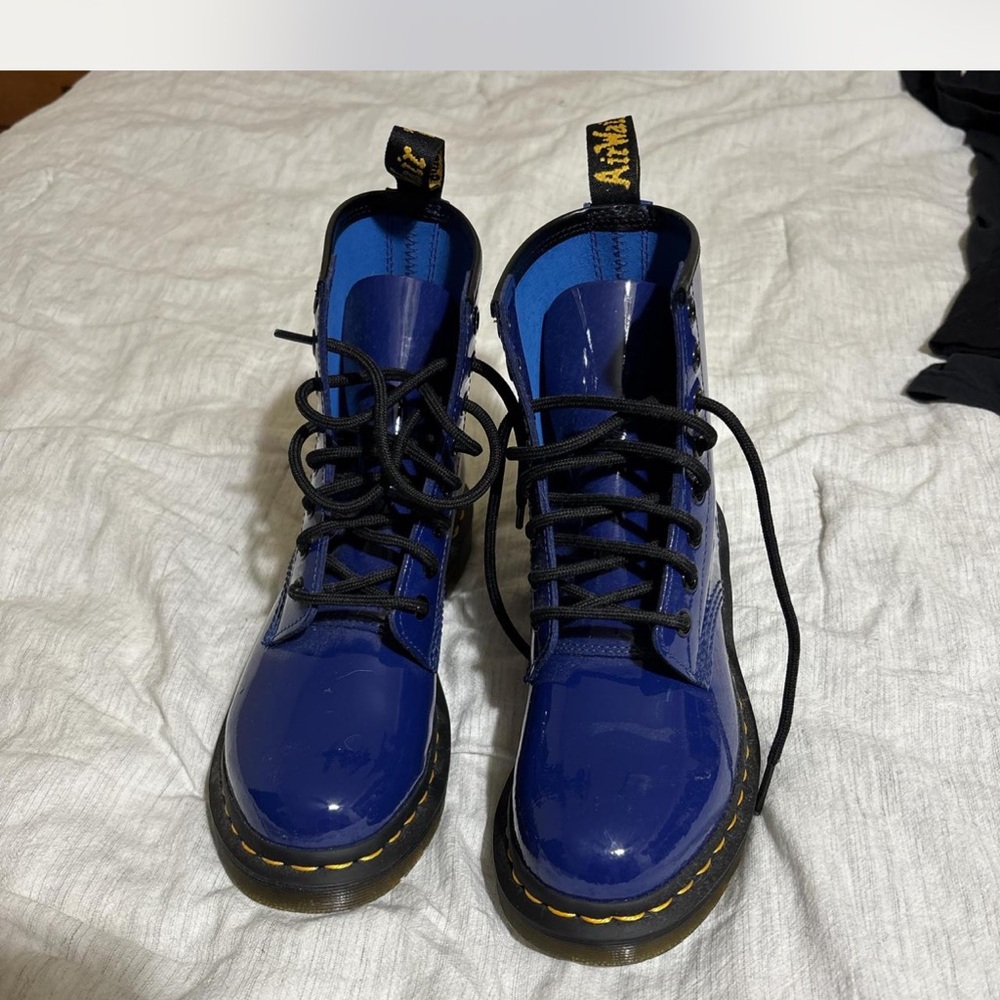 Blue Patent Leather Lace-Up Boots